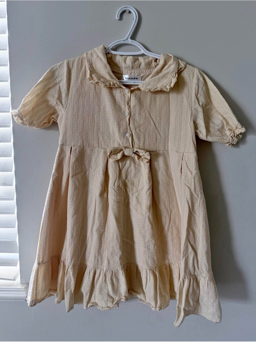 Girls' Cream Short-Sleeve Cotton Dress with Bow